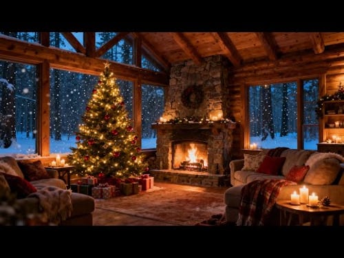 Christmas Forest Cabin Ambience 🎄 Cozy Fireplace & Smooth Holiday Jazz with Falling Snow 🔥