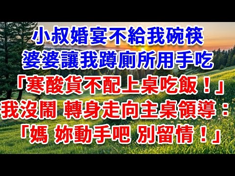 小叔婚宴不給我碗筷,婆婆讓我蹲廁所用手吃「寒酸貨不配上桌吃飯」,我沒鬧,轉身走向主桌領導:「媽,妳動手吧 別留情!」#詩涵講故事#為人處世#生活經驗#情感故事#晚年哲理#說故事#完結文#原創故事