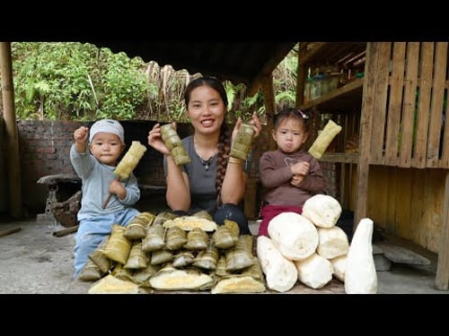 How to make giant banh chung with cassava flour to sell at the market with two small children