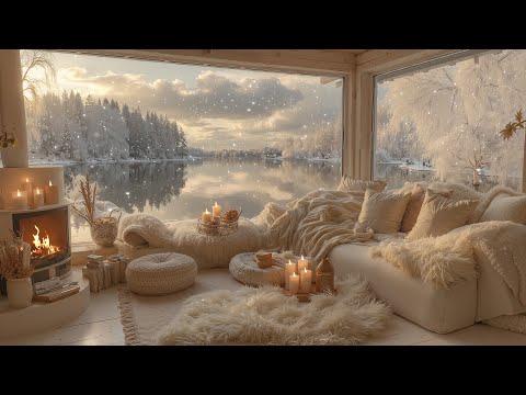 Quiet Winter Afternoon at a Lakeside Cabin ❄️Calm Piano & Cozy Fireplace Sounds for Relaxation
