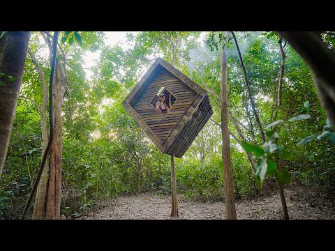 Young Girl Real Life Building Private Treehouse in Forest for Survival