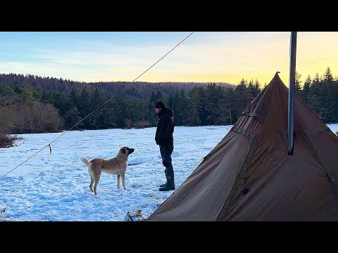 Hot Tent Camping in Snow • Wood Stove Cooking - Winter Camping