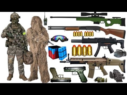 Special Forces military toy gun set unboxing, AWM sniper rifle, AKS-74U automatic rifle, Glock Toys