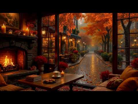 Relaxing Jazz Coffee Music 🍂 Rainy Autumn Night Ambience with Cozy Fireplace and Warm Light
