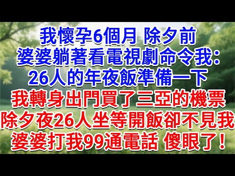 我懷孕6個月,除夕前婆婆躺著看電視劇命令我:26人的年夜飯準備一下!我轉身出門買了三亞的機票,除夕夜26人坐等開飯卻不見我,婆婆打我99通未接電話傻眼了!#情感故事#故事#小說#戀愛#情感#婚姻