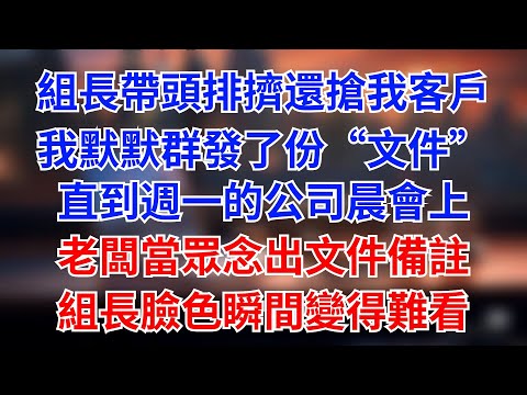組長帶頭排擠還搶我客户,我默默羣發了份“文件”。週一晨會,大老闆當着全組面念出清單末尾的備註:客户只認我一人。#為人處世#生活經驗#情感故事