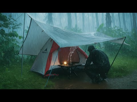 CAMPING IN VERY HEAVY RAIN AND THUNDER 🌧 STRUGGLE TO BUILD SHELTER IN VERY HEAVY RAIN.
