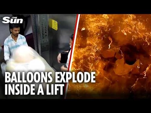 Horror moment bunch of balloons filled with explosive gas burst in giant fireball inside lift