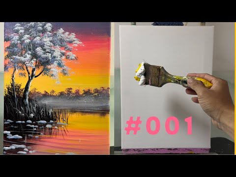 Winter Sunset Reflection Landscape Painting | Snow Covered Trees | Acrylic Art Timelapse #001
