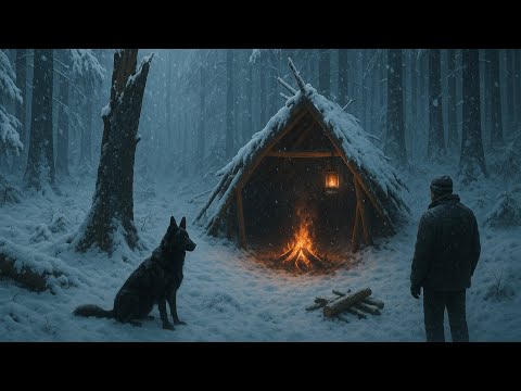 Winter Survival in Wild Woods | Shelter & Bed from Tree Trunks in -15°C Snowstorm