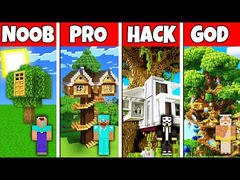 Minecraft Battle: NOOB vs PRO vs HACKER vs GOD! TREE HOUSE BUILD CHALLENGE in Minecraft