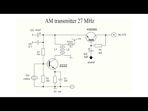AM transmitter at 27 MHz on a transistor 2222. Output power 300 mW