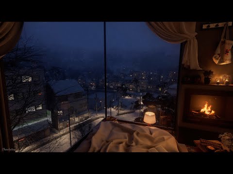 Cozy Winter Bedroom Ambience With Snowstorm | Blizzard, Crackling Fire, Wind, Calming Nature Sounds