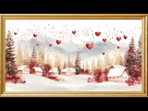 Romantic Winter Village: 4K Cozy Snowy Landscape with Gentle Falling Hearts | Screensaver for TV ❤️