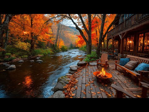 Serene Autumn Riverside Porch Morning | Cabin Life with Nature Birds & Campfire Crackles Ambience