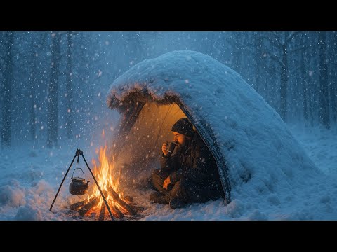 Extreme Winter Camping in Heavy Snowstorm | Bushcraft Fire & Survival shelter