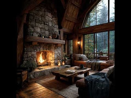 Rainy Cabin Fireplace Ambience ๐ Cozy Rustic Interior with Rain Sounds | 10 Hours