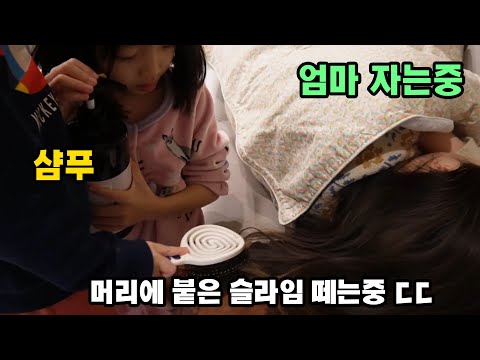 슬라임 갖고 놀다가 자는엄마 머리에 슬라임을 묻혔어요! 헐..ㅠㅠ 엄마 깨기전에 머리에 묻은걸 뗄 수 있을까요??