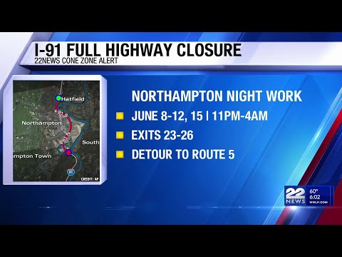 Nightly closures on I-91 in Northampton due to bridge work