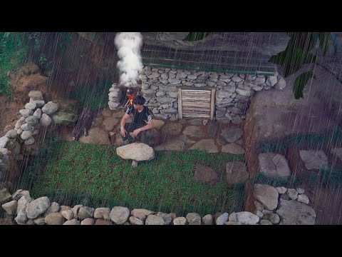 I built a survival shelter out of rocks | Bushcraft and grilled wild chicken