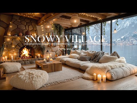 Late Night Winter Jazz ❄️ Cozy Lakeside Cabin Lounge | Candlelight, Fireplace & Snowy Village View