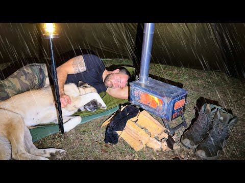 Hot Tent Camping in Heavy Rain All Day! - Caught in Rain With My Dog!