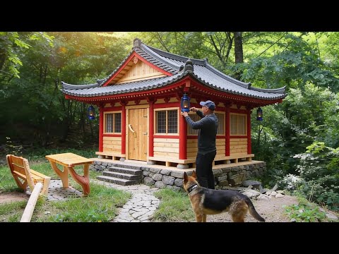 Building a Bushcraft Wooden House with Stone Walls in 45 Days | Full Process