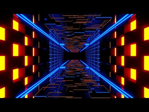 🔷 Écran de Veille 4K – Couloir Numérique Néon Bleu et Orange – Tunnel Futuriste VJ (Sans Son)