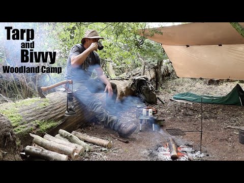 Woodland Overnight Camp. Tarp and Bivvy. Campfire Pizza Cooked in a Swedish Army Mess Kit.