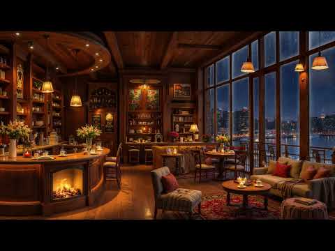 Warm Winter Night at Bookstore Coffee Shop Ambience 📚 Jazz Relaxing Music & Fireplace for Work,Study