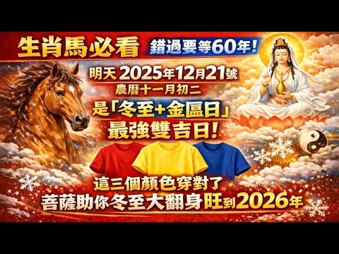 生肖馬必看,錯過要等60年!明天2025年12月21號農曆十一月初二是「冬至+金匱日」最強雙吉日!這三個顏色穿對了,菩薩助你冬至大翻身旺到2026年#生肖馬#運勢#命理#風水#財運#幸運顏色#先知