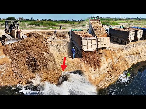 OMG! Great Action Landfilling Operation Heavy Dump Truck Unloading Stone Soil, Dozer Pushing