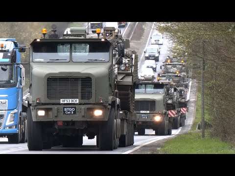 Convoy of tank transporters hauling Up-Armoured Fighting Vehicles of the British Army 🪖