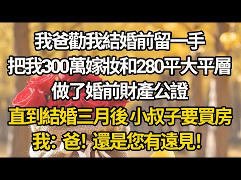 【完結】我爸勸我結婚前留一手,把我300萬嫁妝和280平大平層,做了婚前財產公證,直到結婚三月後 小叔子要買房,我:爸!還是您有遠見