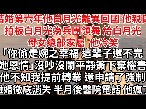 結婚第六年他白月光離異回國,他親自拍板白月光為兵團領舞 給白月光母女總部家屬,他冷笑「你偷走婉之幸福 這輩子還不完她恩情」平靜簽下棄權書,他不知我提前轉業 還申請了強制離婚消失,半月後醫院電話 他瘋了