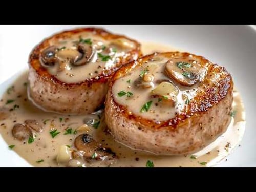 Delicate pork fillet in creamy mustard sauce with mushrooms simple and delicious!