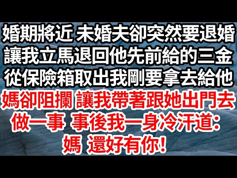 婚期將近 未婚夫卻突然要退婚,讓我立馬退回他先前給的三金,從保險箱取出我剛要拿去給他,媽卻阻攔 讓我帶著跟她出門去,做一事 事後我一身冷汗道:媽 還好有你!【倫理】【都市】