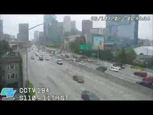 Live view of the 110 Freeway near Downtown Los Angeles, after tensions have escalated