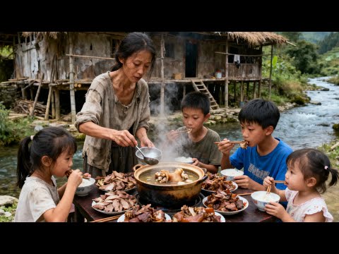 【一家七口隐居深山】给孩子们做猪脚闷花生,孩子们心疼妈妈主动做家务#农村生活#vlog#山居生活