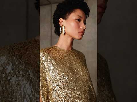 Woman in gold. The #odlrprefall2025 mosaic sequin caftan shimmers in a gilded ombré.