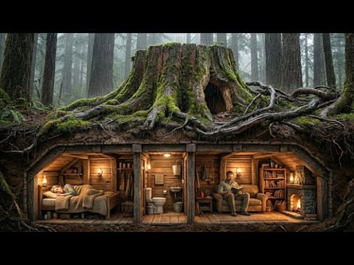 This man Built a House INSIDE a Tree Trunk — Building a house in the forest (ASMR)