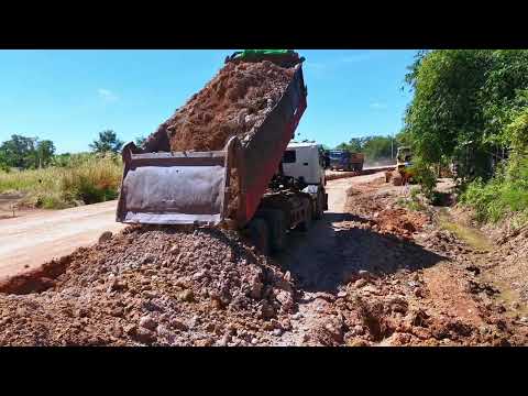 Komatsu D58A Bulldozer Skill! Perfect Soil Leveling as Dump Trucks Feed Continuous Road Base