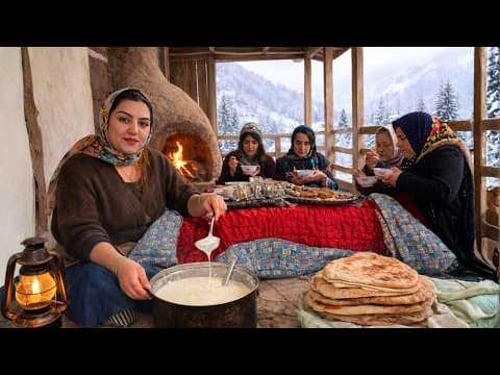 Snowy Day in Northern Iran | Grandma’s Butter Churning , Sweet Rice Dish & Tandoor Herbal Bread