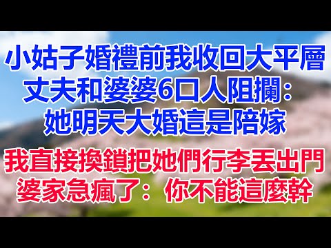 小姑子婚禮前我收回大平層,丈夫和婆婆6口人阻攔:她明天大婚這是陪嫁,我直接換鎖把她們行李丟出門,婆家急瘋了:你不能這麼幹