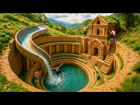 90 Days Building an Ancient Underground House with a Spiral Water Slide Using Primitive Tools