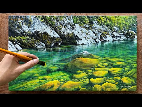 Underwater stone painting techniques "#59"/ Scenery of clear stream water / Acrylic painting.