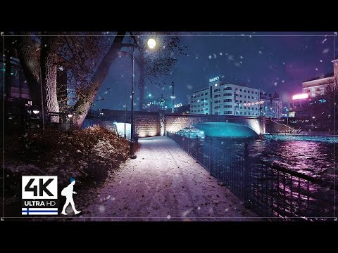Snowfall Night Walk in Central Tampere, Finland - Slow TV 4K