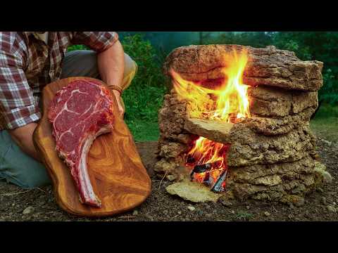 Primitive Tomahawk Steak in a Handmade Stone Oven | Outdoor Cooking Perfection