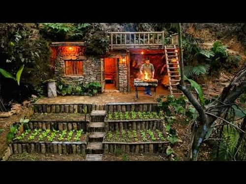 Building a balcony and outdoor grill for my rock house | Survival in the rainforest
