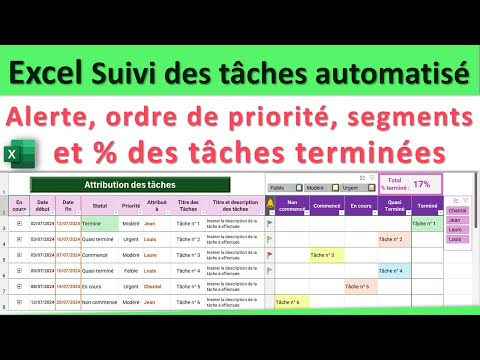 Excel suivi des tâches Automatisé, avec Alertes, ordre de priorité, % des tâches terminées, segments